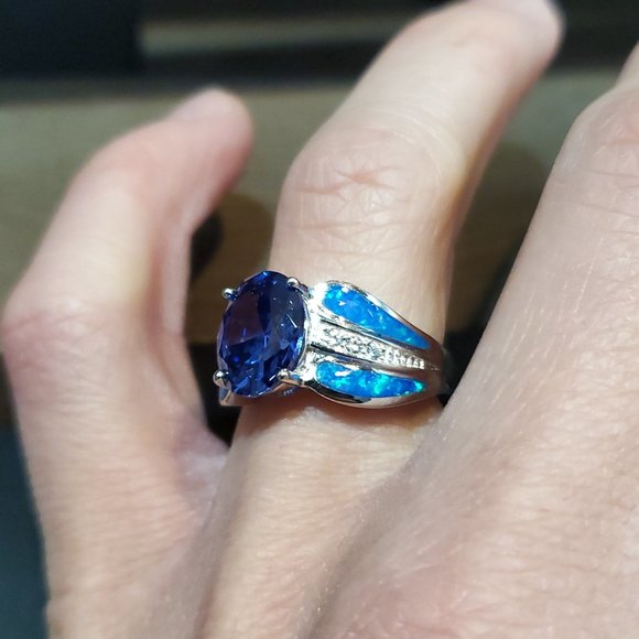 Size 7 925 Sterling Silver Purple CZ With Blue Opal Accents Ring - Picture 3 of 8
